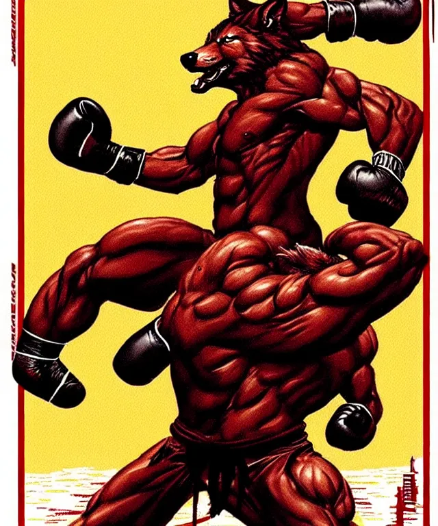 Image similar to extreme long shot. 8 bit nes graphics. antropomorphic muscular masculine wolf. kickboxer fighter, in shorts. wolf head. fine details, very sharp, art from nes game cartridge, marc simonetti and hermann nitsch