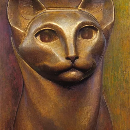 Image similar to masterpiece painting of an ancient bronze sculpture of a mechanical cat head, by annie swynnerton and diego rivera and nicholas roerich and jean delville, symbolist, dramatic lighting, god rays, elaborate geometric ornament, art brut, rich colors, smooth sharp focus, extremely detailed, adolf wolfli