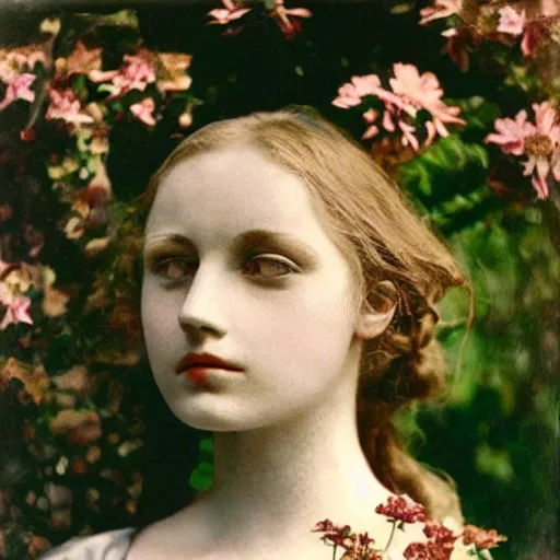 Image similar to portrait photograph of a very beautiful female model. symetric face. in a garden. flowers. autochrome Louis Lumières. detailed eyes. medium shot