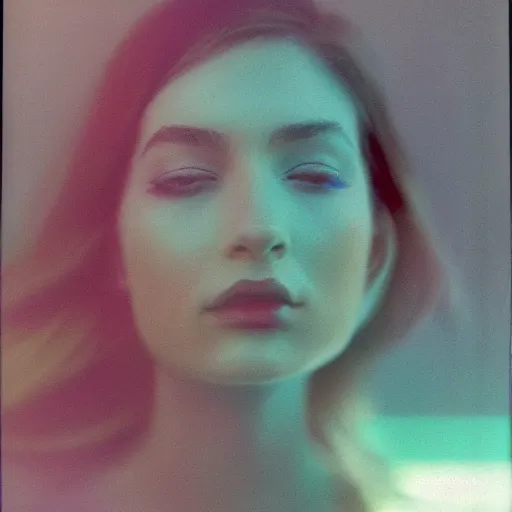 Prompt: A vibrant studio portrait photograph of a beautiful millennial woman by Alessio Albi and Nina Masic, trending on instagram, soft focus, vertical portrait, natural lighting, double exposure, f1.8, 50mm, instax, polaroid, classic chrome, film grain, light cyan, lavender blush, cinematic lighting