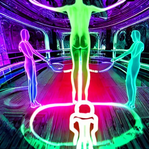 Image similar to diverse groups of humans with glowing electronic body implants projecting amazing images collectively, from behind, rebirth, beauty, wide angle, elaborate, wet, highly detailed, colors, beautiful lighting