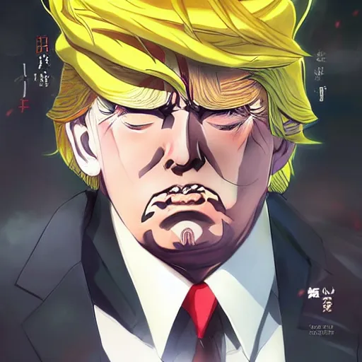 Image similar to anime portrait of trump x elon hybrid as an anime antagonist by Stanley Artgerm Lau, WLOP, Rossdraws, James Jean, Andrei Riabovitchev, Marc Simonetti, and Sakimichan, trending on artstation