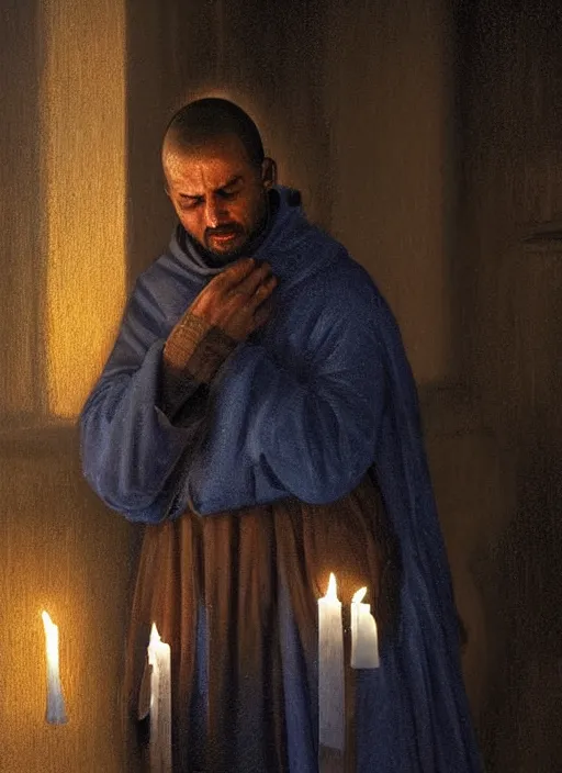 Image similar to oil painting portrait of a weeping sobbing tonsured dominican monk in a brown habit, kneeling in a blue cold moonlit empty small chapel at night, hazy, digital art, artstation, cinematic, moonlight, digital art painting by greg rutkowski, hazy atmosphere, candles, cinematic blue lighting