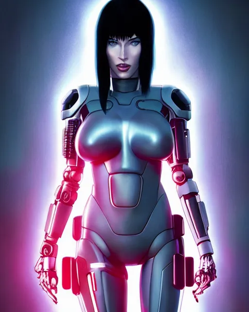 Prompt: movie still portrait photo of megan fox as the major ghost in the shell as cyborg woman by pixar, by weta, wlop, ilya kuvshinov, rossdraws, artgerm, maxim cover, latex, sweaty, iridescent, bright morning, anime, liosh, mucha