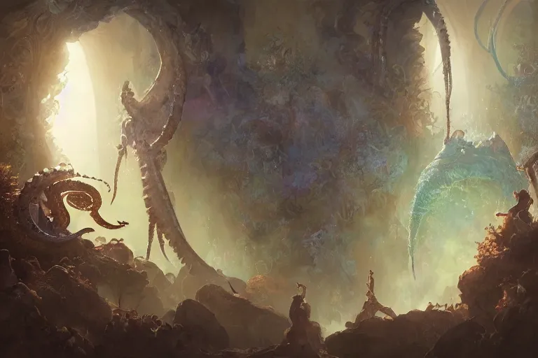 Image similar to the muses. sacred singers they who took up the strings of the deep ocean kraken, and turned the cacophony of an angry world into songs of unity and peace. morning lighting hopeful, sun beams cinematic fantasy painting, dungeons and dragons, jessica rossier and brian froud