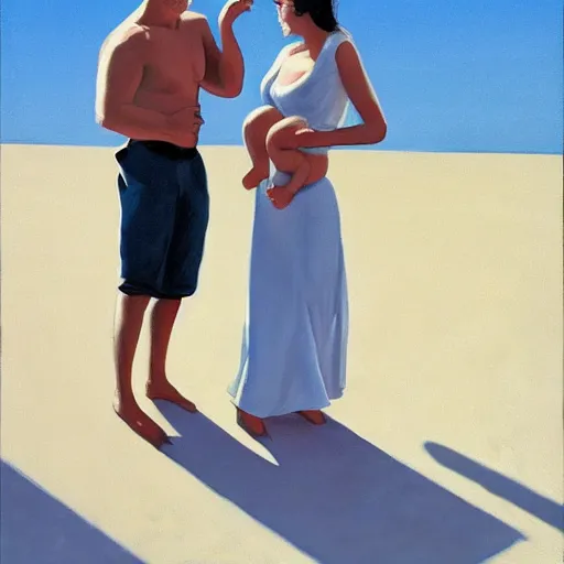 Image similar to a couple and a baby on a beach in sardinia, white sand, blue sky, summer, painting by jack vettriano