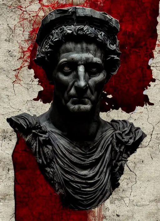 Prompt: dark design poster showing a statue of julius caesar with a half skull, black background with very subtle red and purple design elements, powerful, nekro, vito acconci, thin straight lines, dark, glitch art, neo vaporwave, gritty, layout frame, square, trending on artstation