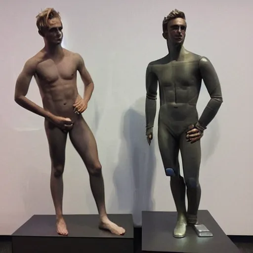 Image similar to “a realistic detailed photo of a guy who is an attractive humanoid who is half robot and half humanoid, who is a male android, British diver Jack Laugher & Chris Mears, shiny skin, posing like a statue, blank stare, at the museum, on display”