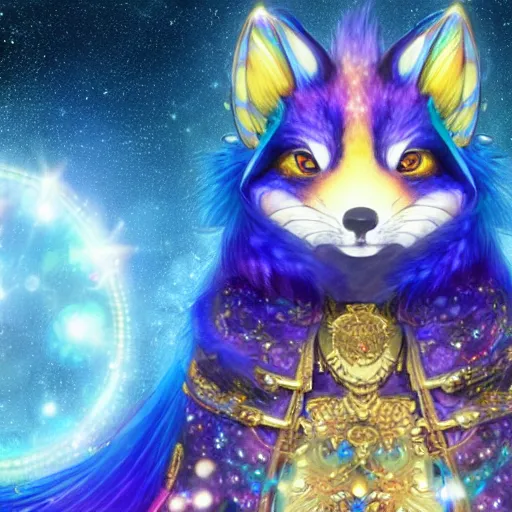 Prompt: portrait from an anime of a furry ethereal colorful blue starry fox peacock character, giant golden fangs, wearing star filled mage robes, wearing lots of gold jewelry and gems, sitting in an illuminated space observatory at night, art by yuji ikehata, background art by miyazaki, realism, detailed, proper human proportions, fully clothed