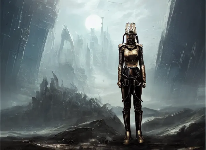 Image similar to landscape of a future city, a young english woman between the ages of 2 0 - 2 5 years, wearing armor and pointing a dagger, wearing a face full of anger. cinematic capture, dramatic condition, fine art, modern realism, sharp focus, good lighting, trending on artstation, trending on tiktok, smooth drawing, elegant, authoritative, without anomalies.