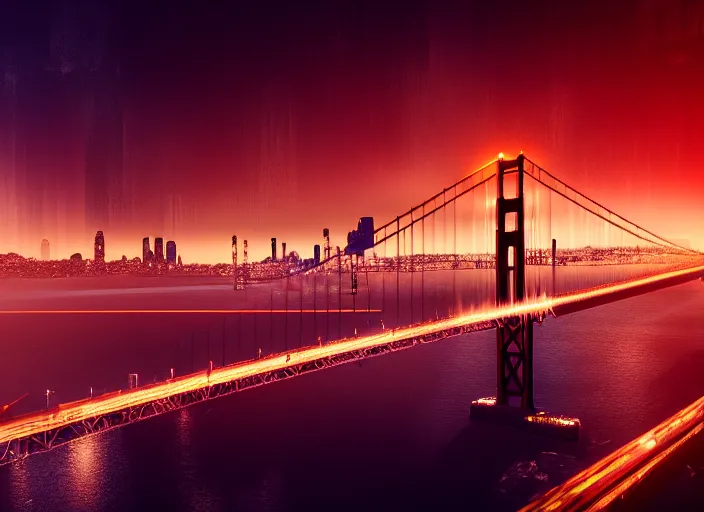 Image similar to cyberpunk scifi scene of san francsico skyline at night, golden gate bridge, artstation, matt painting, very detailed, maximalism, ambient occlusion, volumetric light, atmospheric haze, unreal engine, hyper realism, realistic shading, cinematic composition, realistic render, octane render, detailed textures, photorealistic, wide shot