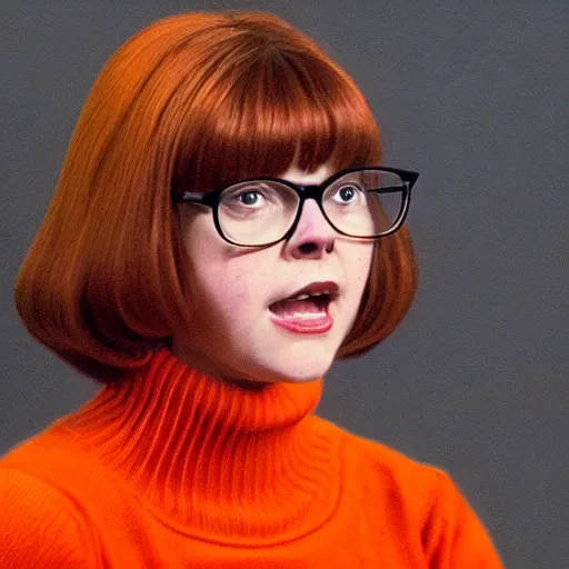 Image similar to Stunning Real Life Scene of Velma Dinkley wearing her iconic orange sweater from Scooby Doo in court for falsely accusing someone of being a criminal by Greg Rutkowski. She has beautiful eyes, Velma is a teenage female, with chin-length auburn hair and freckles. She is somewhat obscured by her fashion choices, wearing a baggy, thick turtlenecked orange sweater, with a red skirt, knee length orange socks and black Mary Jane shoes. Soft render, Pixiv, artstation