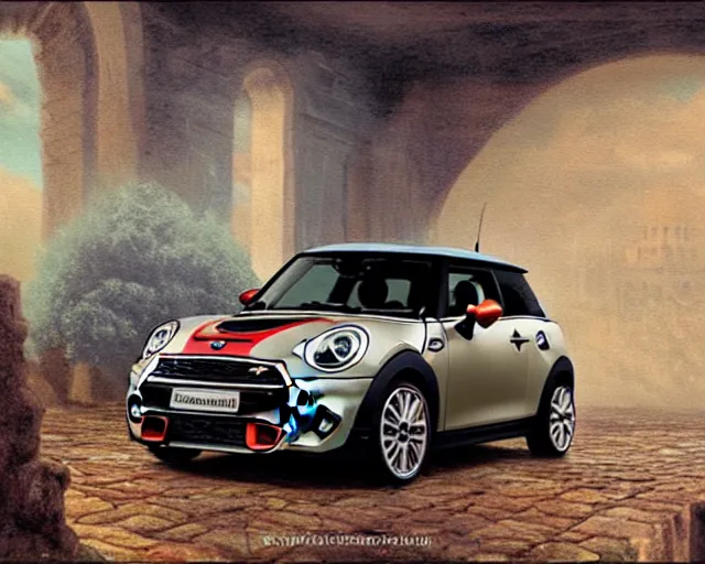 Prompt: a highly detailed matte painting of a mini cooper s in the style of greg rutkowski and remedios varo, ultra realistic, detailed, intricate, full of color, 4 k, hyperrealistic, focused, extreme details, masterpiece