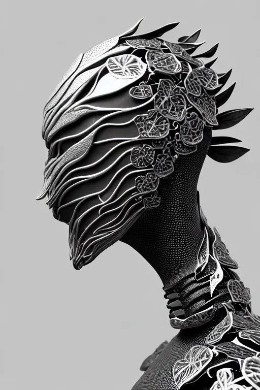 Image similar to monochrome close - up profile face, black background, beautiful young porcelain bio - mechanical vegetal - dragon - cyborg - female, white metallic armour, silver gold details, magnolia leaves and stems, roots, mandelbot fractal, 1 5 0 mm, beautiful natural soft rim light, elegant, hyper real, ultra detailed, octane render, 1 6 k