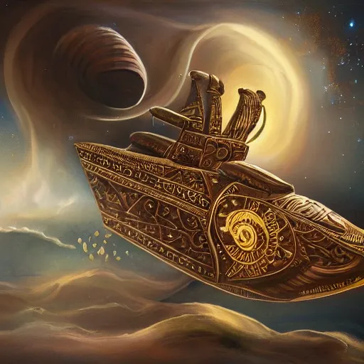 Prompt: painting of ornate space ship, dark brown, wood and black iron with gold accents, nordic runes, nebulae background, nautilus, shell, space jammers, fins, sails, dust clouds, dark shadows, soft lighting, art deco, d & d, dust, sun, 4 0 k warhammer, snail, shrimp, prawn, fine brush strokes