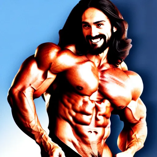 Image similar to jesus with enormous glistening muscles, body builder, smiling, gay