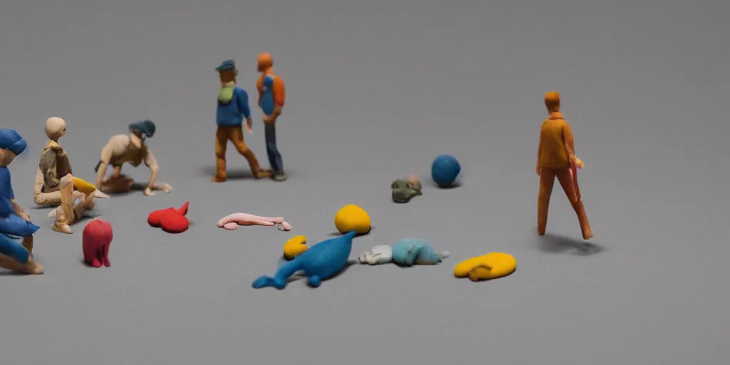 Prompt: plasticine model of stop motion figures clay. minimal. tilt shift. fish tank in. gallery. visitors. photorealistic.