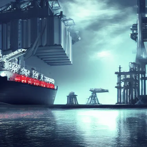 Image similar to photo of immense gigantic industrial futuristic cargo ship arrives at futuristic city sea port, dark cinematic lighting