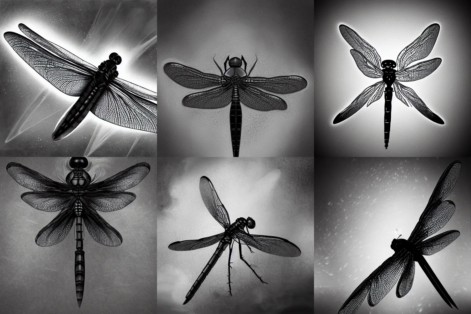 Prompt: Epic dragonfly black and white, 35mm lens, volumetric light, concept art , digital painting, sharp focus, illustration, fantasy, portrait, hyper detailed