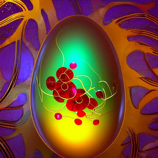 Image similar to a translucent glowing egg with swirls of red and blue emerging from the blossom of a metallic gold flower with tendrils of gold wrapping around the egg, magic eggplant, fantasy concept art