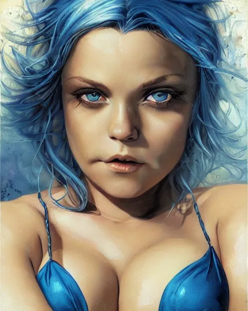 Image similar to a very obese christina ricci, gorgeous bikini model, oil on aged tin, inked lines, beautiful blue eyes, blonde hair. by karol bak and alain aslan and charlie bowater and artgerm.