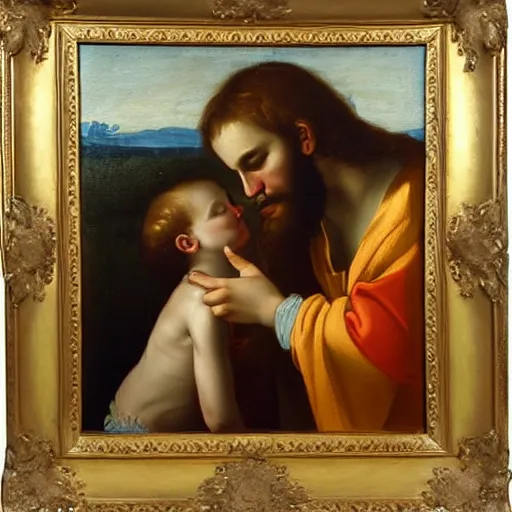 Image similar to 1 8 th oil panting of a jesus kissing with maria maddalena