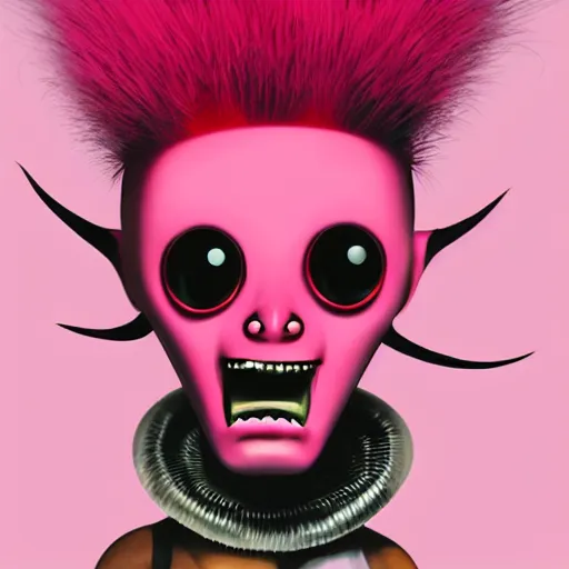 Image similar to a pink punk rock alien with spiked hair, an airbrush painting by Jamie Hewlett, cgsociety, symbolism, antichrist, aesthetic, 8k