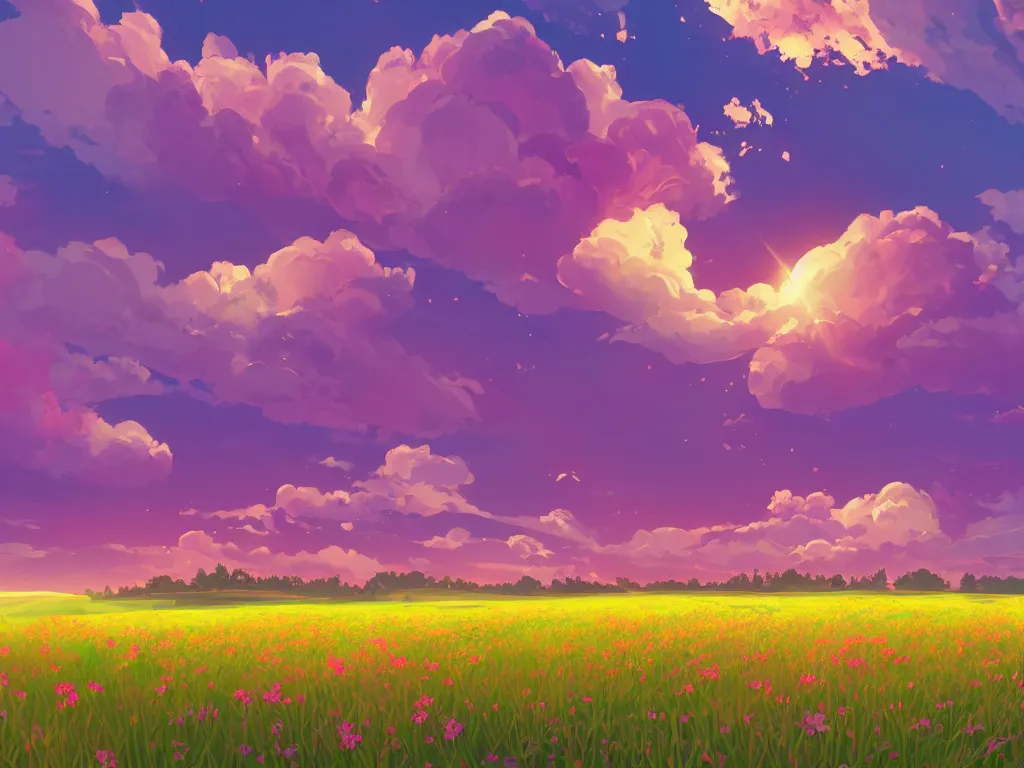 Image similar to green lush Field with beautiful flowers, aesthetic, calming, pink and yellow clouds in the sky, brightly illuminated by rays of sun, Clouds backlit by the sun, sunset ,artstation, colorful sylvain sarrailh illustration, by peter chan, day of the tentacle style