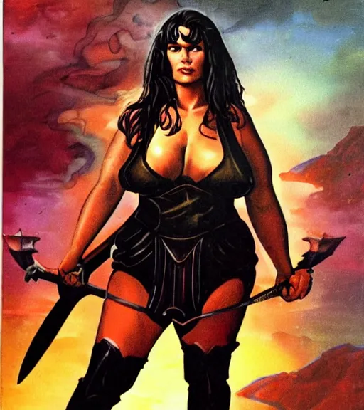 Image similar to 1 9 8 0 s fantasy novel book cover, bbw plus size amazonian young courtney cox in extremely tight bikini armor wielding a cartoonishly large sword, exaggerated body features, dark and smoky background, low quality print