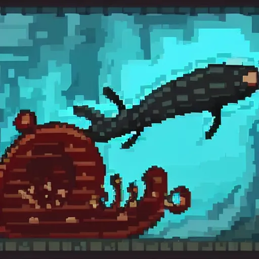 Prompt: A submarine dives alone into a dark deep sea with a sea monster behind it, pixel style.