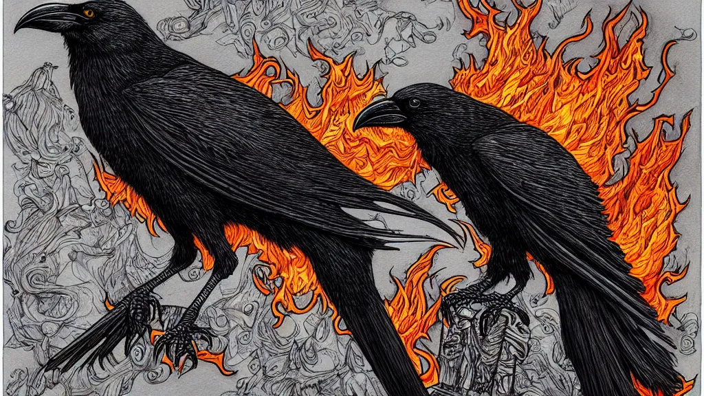 Prompt: highly detailed illustration of a crow on fire by aaron horkey