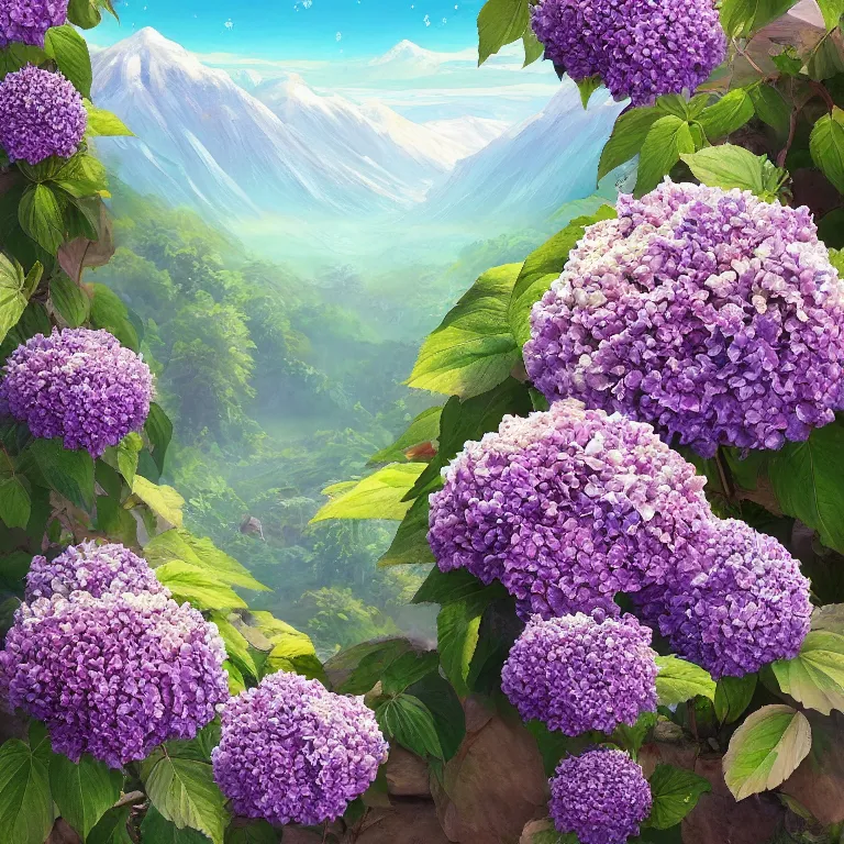 Image similar to a beautiful painting of hydrangea and mountain landscape, clematis theme logo, clematis theme banner, clematis design, clematis in the deep sea, clematis like stars in the sky, hydrangea, trending on artstation, warm light, lovely and cute, fantasy art, 8 k resolution, highly detailed