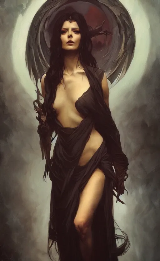 Prompt: a beautiful painting of a dark death goddess, face, full body, by greg rutkowski and artgerm and alphonse mucha, trending on artstation