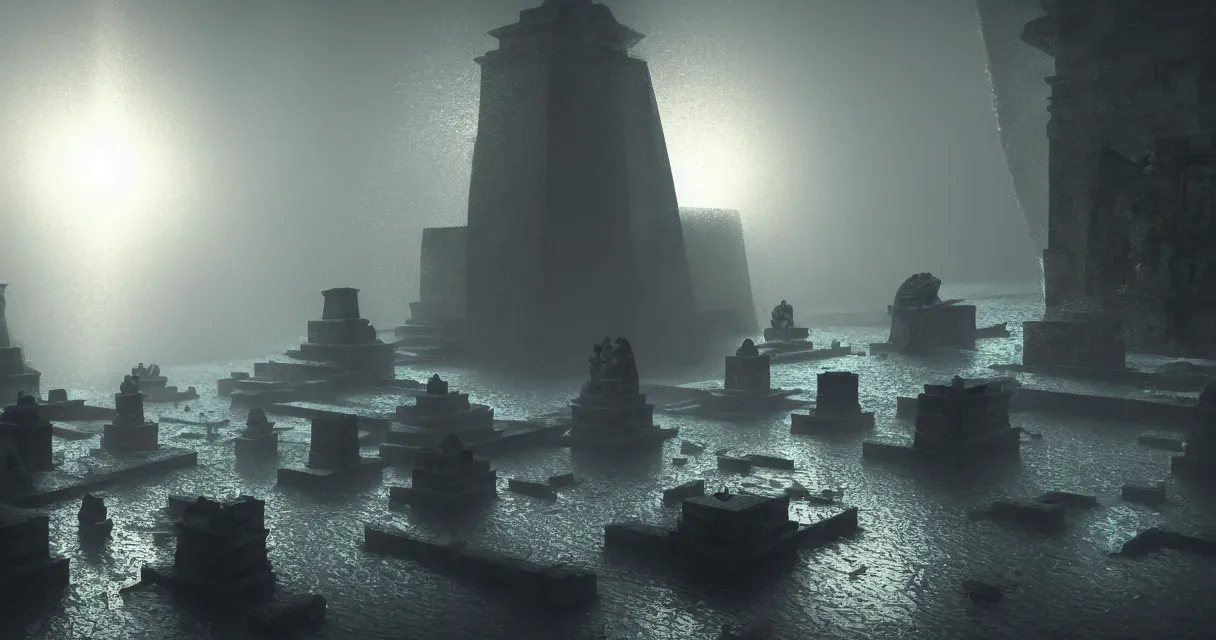 Prompt: wide shot, submerged pre - incan temple, carvings, dark, grenada underwater sculpture park, bubbles, abyss, stylized, anime style mixed with fujifilm, detailed gouache paintings, crepuscular rays, dark, murky, foggy, atmospheric, artstation, cgsociety, octane render, cgi, unreal engine 5, denoise, cinematic masterpiece