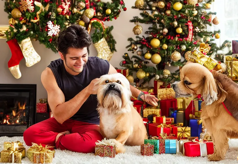 Prompt: A Golden Aztec Warrior Petting his Shih Tzu on Christmas Morning, Warm, Fireplace, Colorful, Holiday