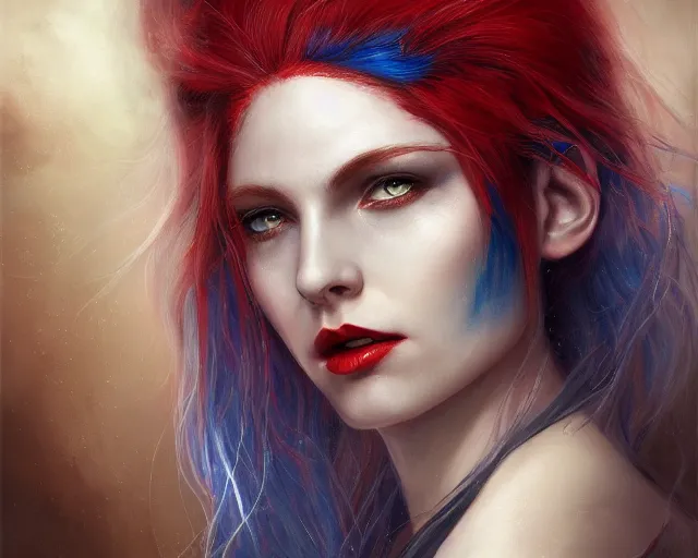 Image similar to A detailed matte oil on canvas head on symmetrical portrait of a distinguished elven woman with red and blue hair on an empty background, by Charlie bowater, Lise Deharme, Wlop, trending on artstationhd, dungeons and dragons art, parted hair , half blue, half red , split dye, critical role