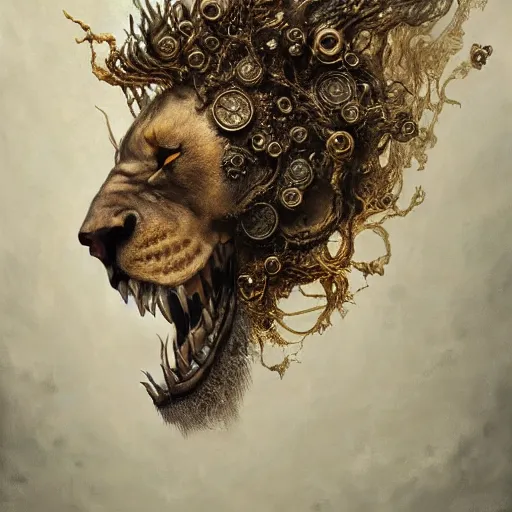 Image similar to a beautiful detailed 3 d matte portrait of a smoke lion, by ellen jewett, by tomasz alen kopera, ominous, magical realism, texture, intricate, skull, skeleton, gold coins, money, whirling smoke, alchemist bottles, radiant colors, fantasy, volumetric lighting, high details