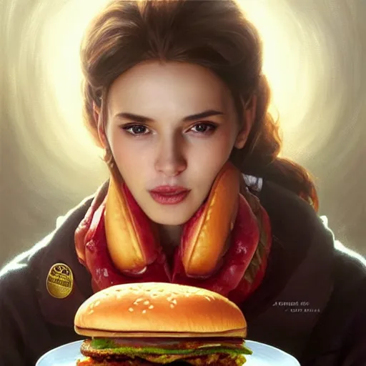 Prompt: portrait of Putin eating a giant hamburger , extra onions and ketchup, luscious patty with sesame seeds, feminine ethereal, handsome, D&D, fantasy, intricate, elegant, highly detailed, digital painting, artstation, concept art, matte, sharp focus, illustration, art by Artgerm and Greg Rutkowski and Alphonse Mucha