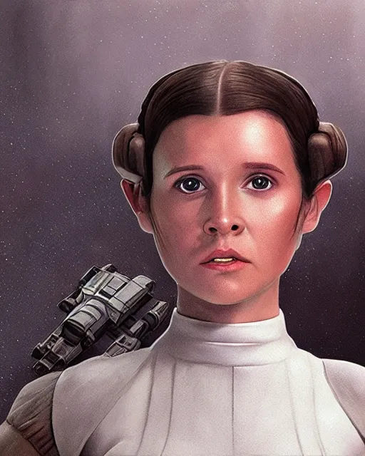 Image similar to portrait of young princess leia on the millennium falcon, star wars, gta v, hyper realistic, glamorous pose, ambient lighting, concept art, intricate, hyper detailed, smooth, action, volumetric lighting, george lucas, arney fretag, ralph mcquarrie, octane