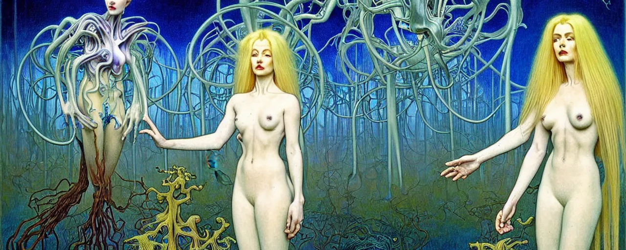 Prompt: realistic detailed portrait painting of a beautiful ghost woman with blond hair with an alien, futuristic sci-fi forest on background by Jean Delville, Amano, Yves Tanguy, Alphonse Mucha, Ernst Haeckel, Edward Robert Hughes, Roger Dean, rich moody colours, blue eyes