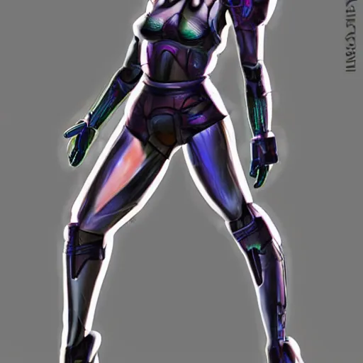 Image similar to Tall sweet woman with an athletic build. She is a bio-machine. There is a crystal in her chest that can be removed. She lost her arms in a fight and now has to use cybernetic ones that attach at the shoulder. Her face and eyes are sharp but kind. Facial features fit her face. Small ears. She has a tail that she wraps around her waist at times. Her hair is in a slightly messy bob and colored light blue. Digital character art trending on artstation.