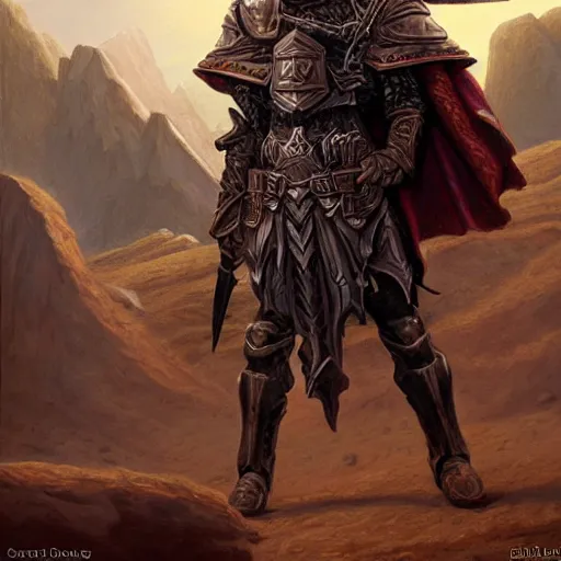 Prompt: a paladin in the desert, stern face, dungeons and dragons, digital painting by Gerald Brom, highly detailed