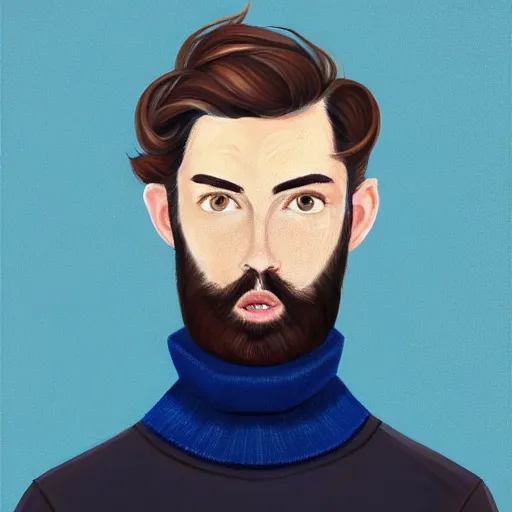 Image similar to gangly man with short dark blond wavy hair, dark blond trimmed beard, English heritage, blue eyes, middle aged, wearing a turtleneck and jacket, pale skin, narrow face, digital art, painterly, cartoon, cute, 8k, illustration, art by loish, painterly, trending on artstation, medium shot, uncropped