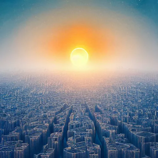 Image similar to an endless city. birds # # a red sun solar eclipse on the horizon., it goes in forever, dreamscape masterpiece., highly detailed.. 8 k.