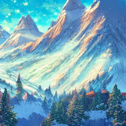 Prompt: the aesthetic view of the beautiful, grand, wistful, dreamy snowcapped mountain at dusk, hyperrealistic anime illustration by iralki nadar, colorful, extremely detailed, intricate linework, super sharp focus, bright colors, octopath traveler, studio ghibli, unreal engine 5 highly rendered, global illumination, radiant light, detailed and intricate environment