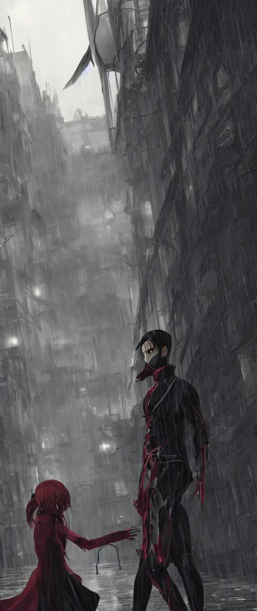 Prompt: zero from code geass and asuka langley in dishonored town, dunwall city, redshift render, dishonored aesthetic, cinematic lighting, rainy weather, melancholy atmosphere, dunwall city, volumetric light, octane render, dishonored game, dishonored 1, gothic architecture, atmosphere or depression and despair