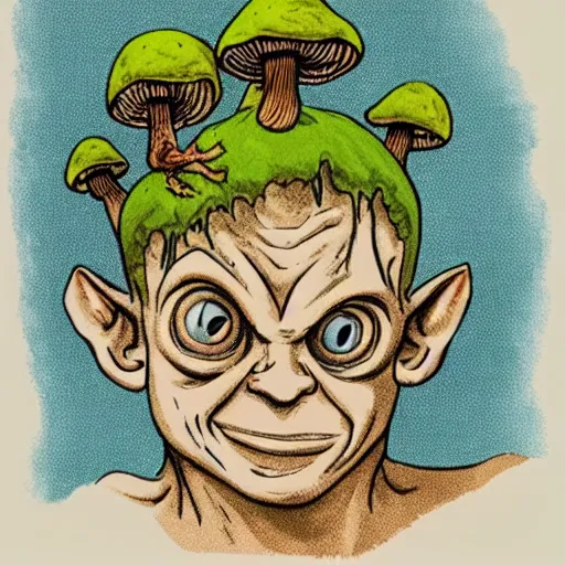 Image similar to Gollum with spores on head , mushrooms