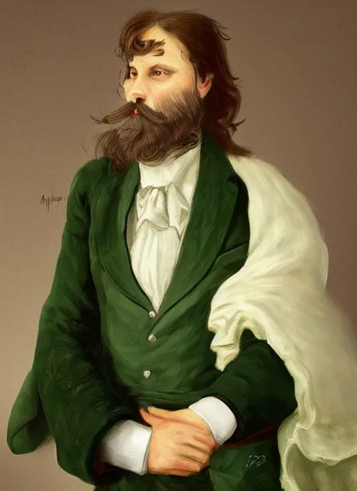 Prompt: an old french baron, long hair, wear an elegant mustach, white scarf, green shirt, by artgem, digital art, highly detailled