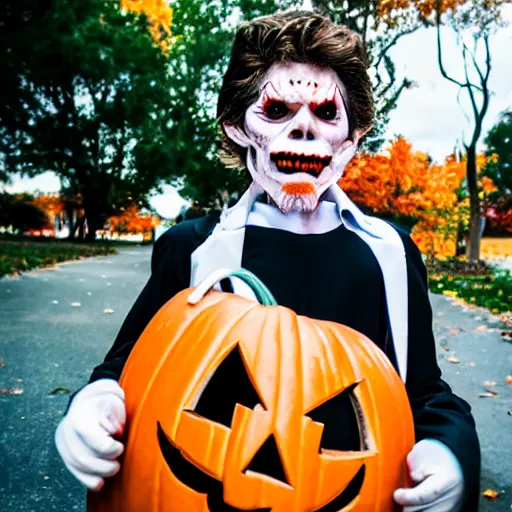 Image similar to willem dafoe trick or treating on halloween, ( sony a 7 r iv, symmetric balance, polarizing filter, photolab, lightroom, 4 k, dolby vision, photography awardm, voque, perfect face )