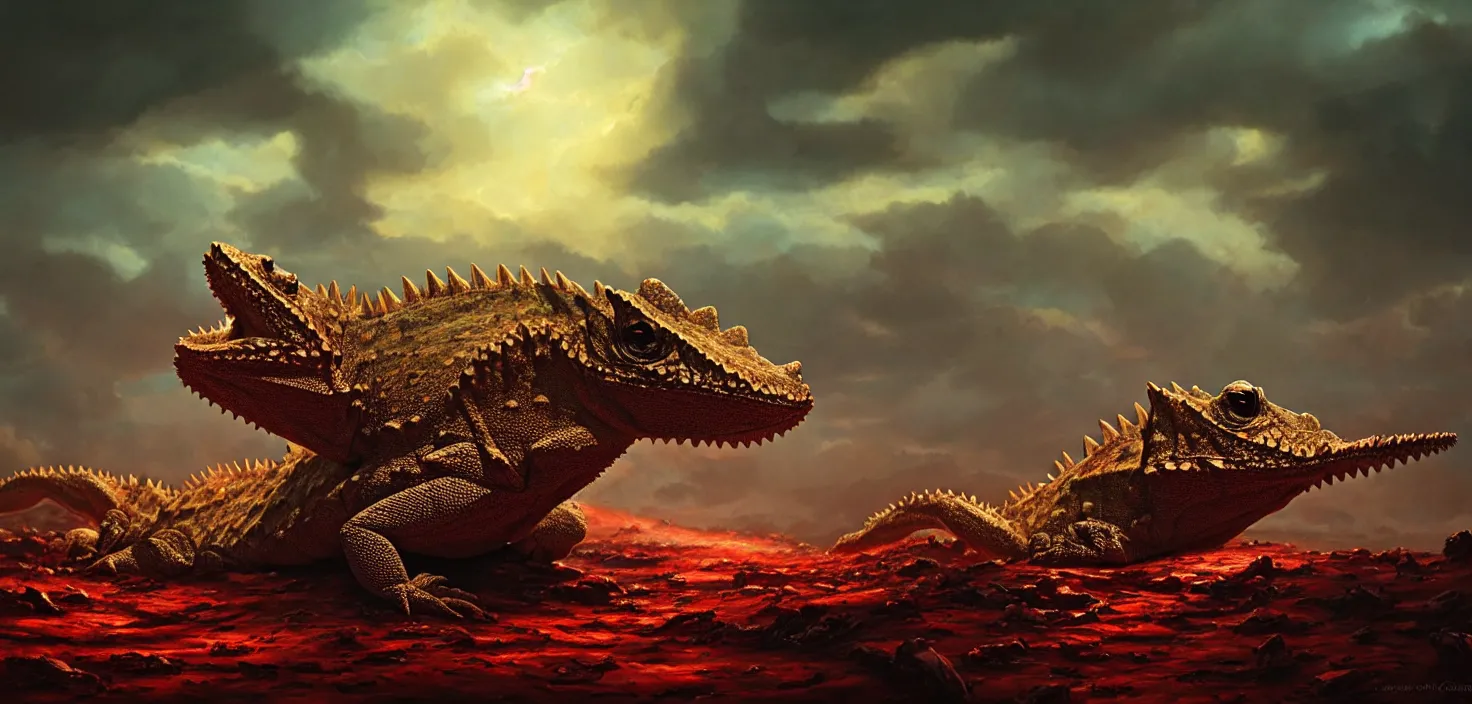 Prompt: seven dragon horned lizard heads rising from the sea of blood, landscape, cinematic view, epic sky, detailed, concept art, low angle, high detail, warm lighting, volumetric, godrays, vivid, beautiful, trending on artstation, by jordan grimmer, huge scene, grass, art greg rutkowski